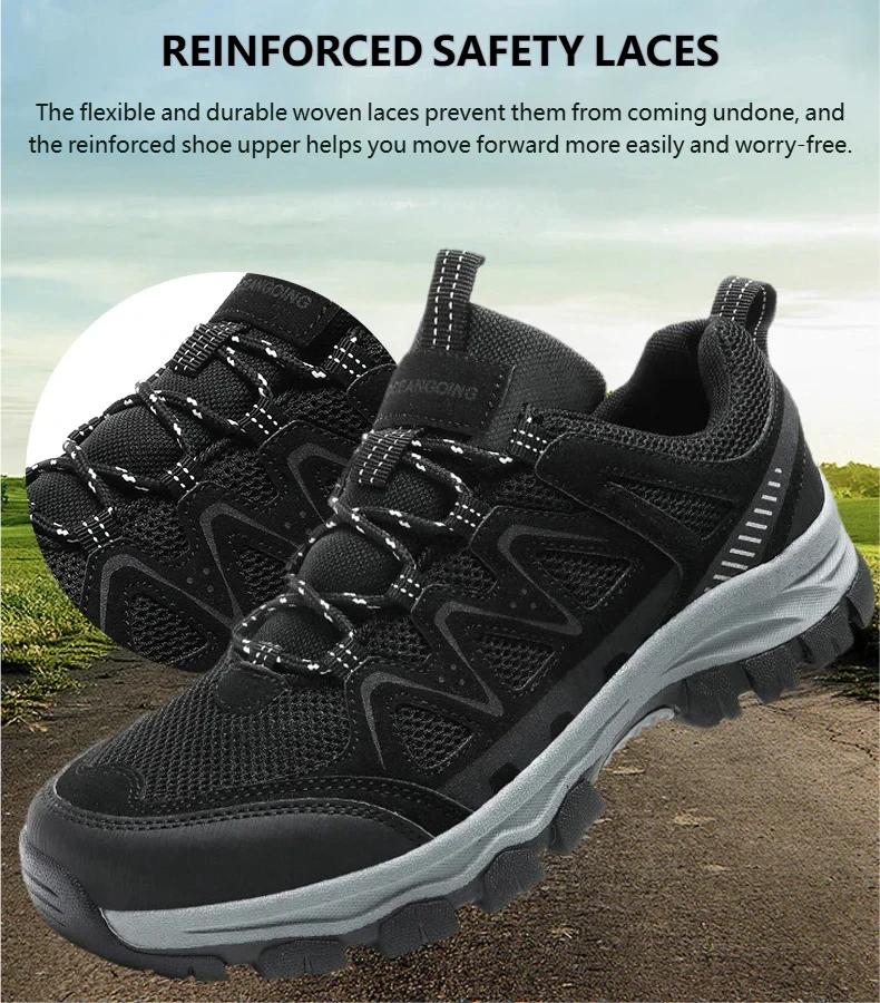 Work athletic shoes – Arch support, wide toe box, breathable, lightweight, non-slip, designed for mountaineering and outdoor activities.